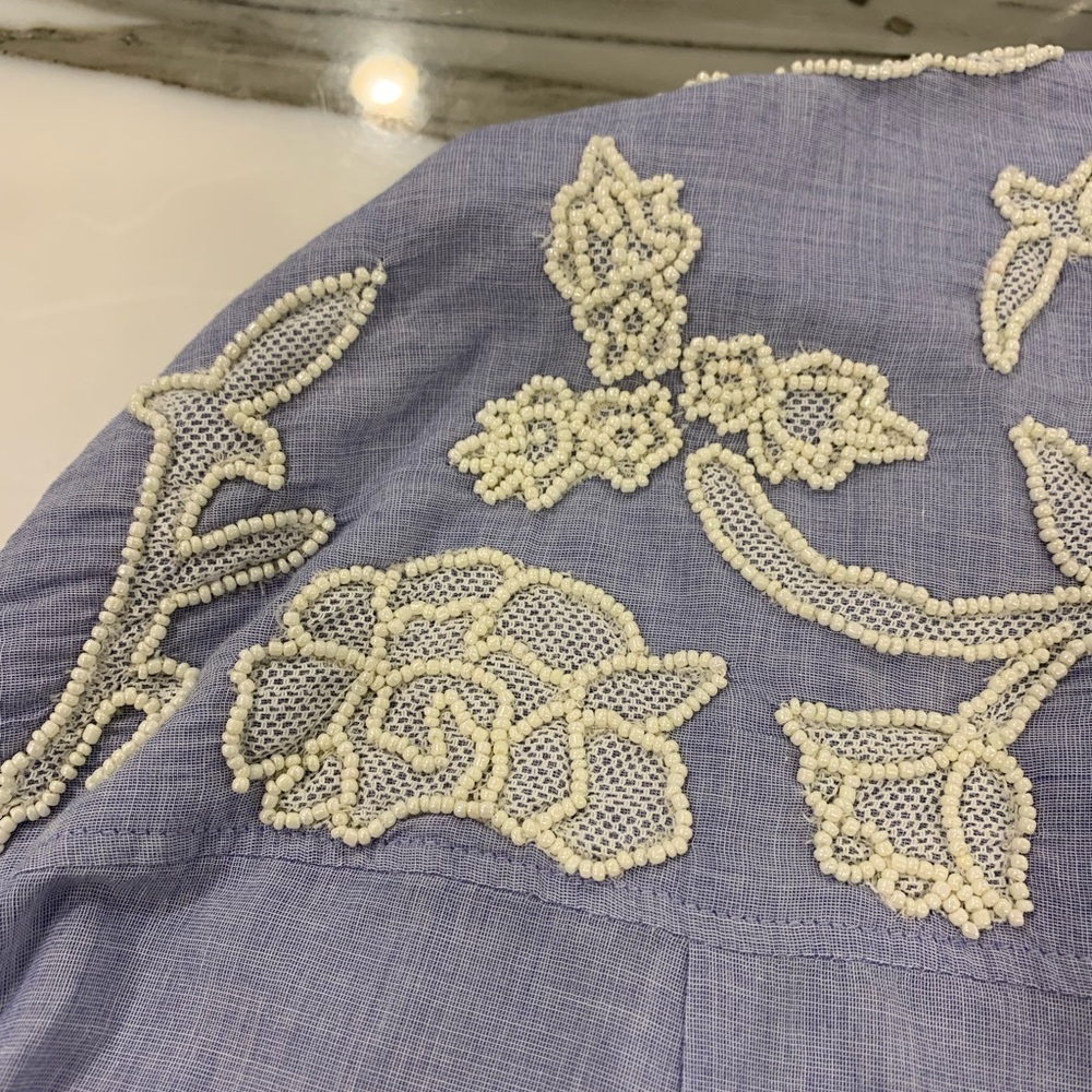 Designer Chambray Linen Handbeaded Button Down To… - image 7